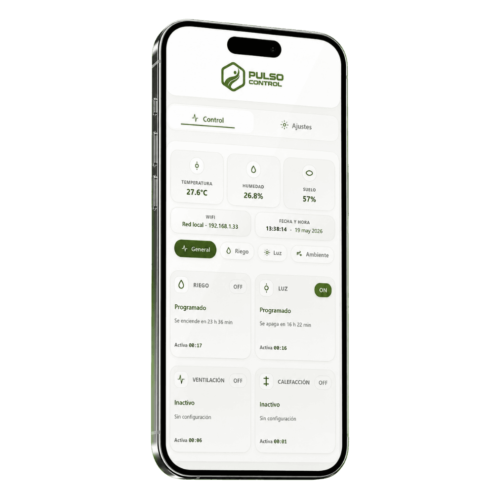 Celular con la app de Pulso Control Grow para control remoto