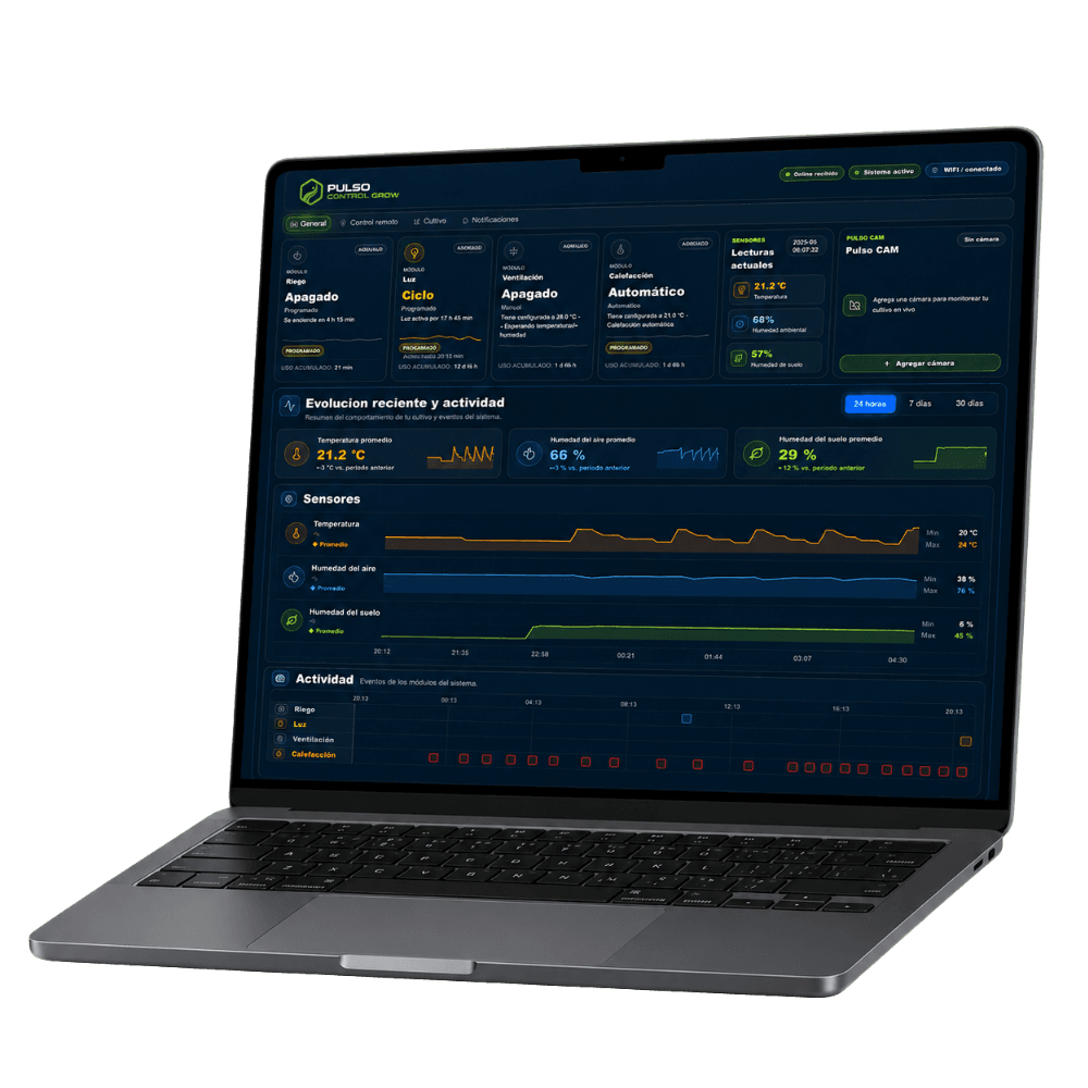 Notebook con dashboard web de Pulso Control Grow